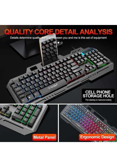 T-wolf Tf600 104 Tuşlu Kablolu Arkadan Aydınlatmalı Klavye Ve Fare Seti, Metal Panel Ve Telefon Standı İle Siyah Optik