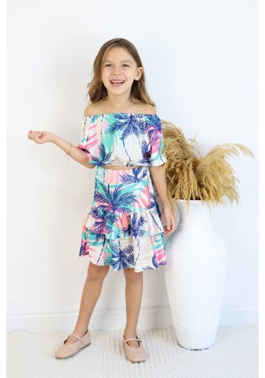 Carmen Yaka Madonna Desenli Etekli Takım - Bahar Esintisi Palmiye Adası Etekli Takım Çok Renkli