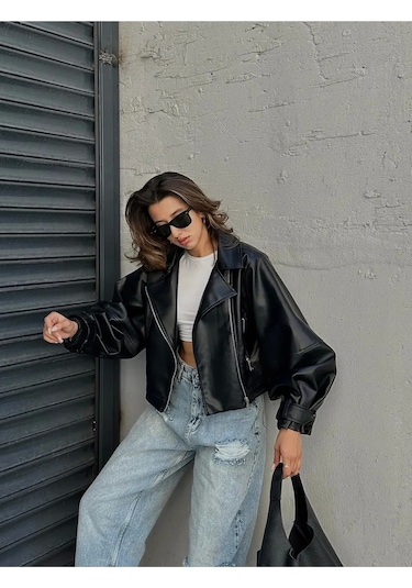 Genculus Yeni Sezon Oversize Kadın Siyah Ceket Siyah