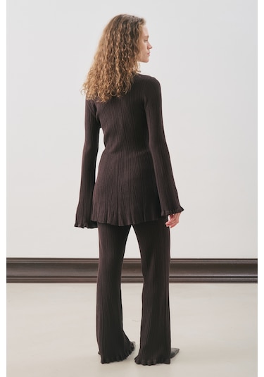 Volanlı Lastik Örgü Tunik Kahverengi Kahverengi