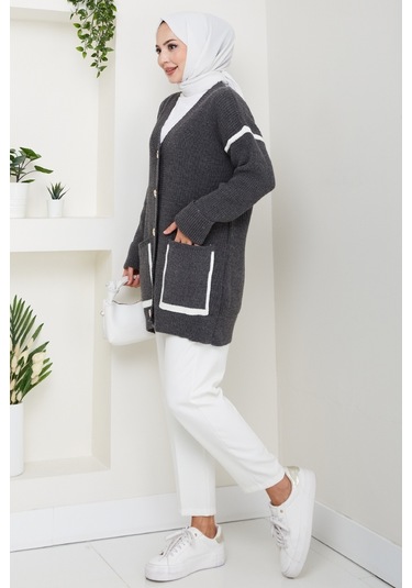 İlge Düğmeli Triko Hırka 1597 - Antrasit Antrasit