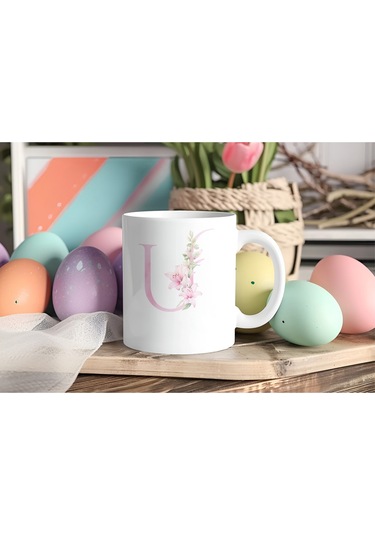 U Harfi Pembe Çiçek Desenli Kupa Bardak - Zarif Pembe Çiçek Tasarım Kahve Çay Kupası - Hediye Beyaz