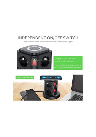 Termal Akım Korumalı Kablosuz Şarj 3 USB 8 Priz 1x Wireless Uzatma Kablosu