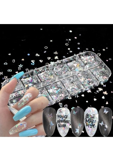Holografik Gümüş Tırnak Süsleme Folyo Pulları Karışık Dizayn Kelebek Kalp Harfler Yıldızlar Nail Art