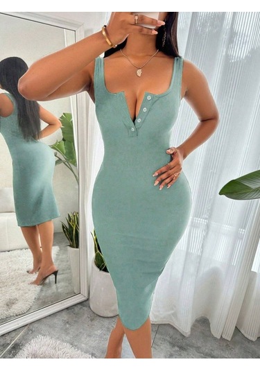 Kadın Askılı Önü Düğmeli Midi Kaşkorse Elbise Yeşil