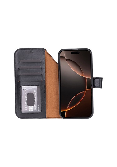 Bloomcase Magic Wallet Obsidian Black iPhone Uyumlu 17 Pro 6.3" Hakiki Deri Çıkarılabilir Cüzdanlı Telefon Kılıfı Siyah