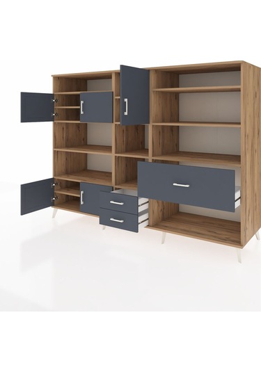 Kronos Dolap 13 Raflı 3 Çekmeceli 5 Kapaklı 220x59x163 Çam-antras Çam-antrasit