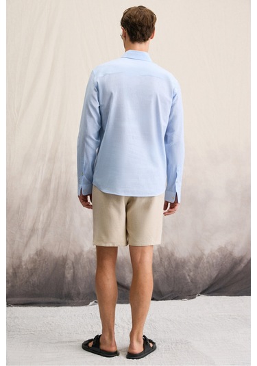 Lasse Erkek Gömlek Yaka Manşetli Uzun Kollu Regular Fit Keten Karışımlı Mavi Gömlek