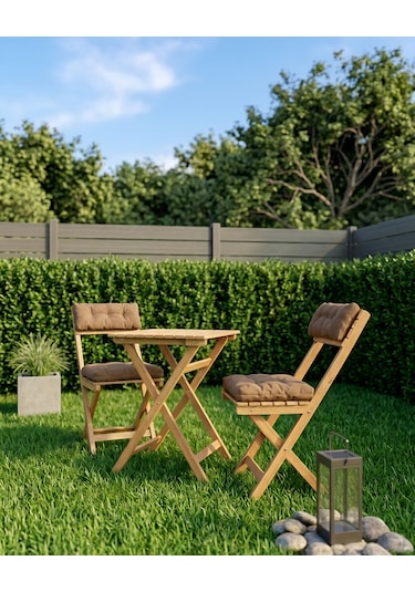 Duo Balkon Bahçe Mutfak Katlanır Masa Bej Rengi Minderli Sandalye Bistro Set Kahverengi