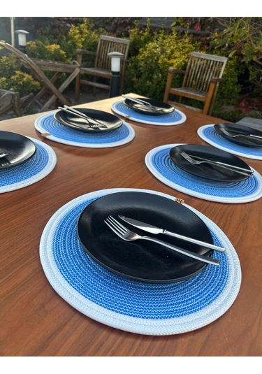 6 Lı Yuvarlak Supla Takımı Kolay Temizlenebilir, Modern Sofralar İçin Mavi - Beyaz