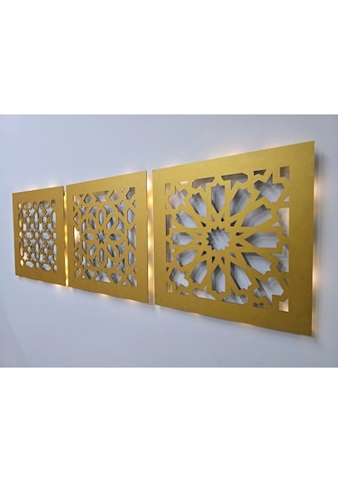 Led Işıklı Motif Tablo 3 Lü Set - 30x30cm Gold