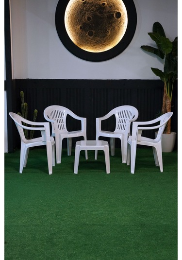 Alezy Bahar Dört Kişilik Sandalye Seti 4 Adet Sandalye + 50x50 Cm Orta Sehpa Beyaz