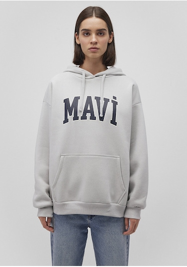 Mavi - Mavi Logo Baskılı Kapüşonlu Gri Sweatshirt 1600361-34322 Gri