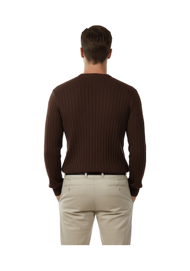 Deepsea Erkek Kahve Rahat Kalıp Çizgi Dokulu Triko Kazak Şık & Modern Tasarım 2605432 Kahve