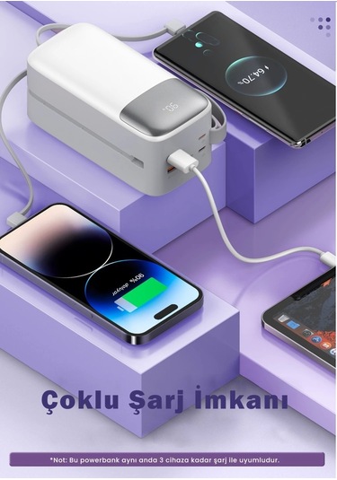Sword SW-50PO3 50000 Mah Pd 22.5 W Hızlı Şarj Kendinden Kablolu Type-c & Lightning Powerbank Beyaz