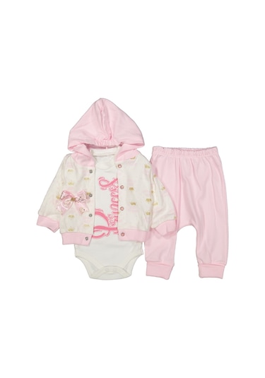 Babyim Kız Bebek Princess Kapüşonlu Takım 3'lü Beyaz - Pembe