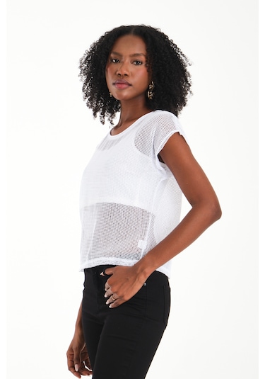 Uzun Kol Kare File Bluz Beyaz