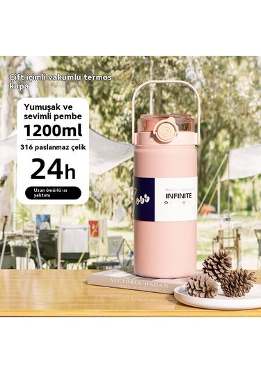 Gıda Sınıfı 316 Paslanmaz Çelik Büyük Kapasiteli Termos Bardak,1100 Ml Sakura Pembesi