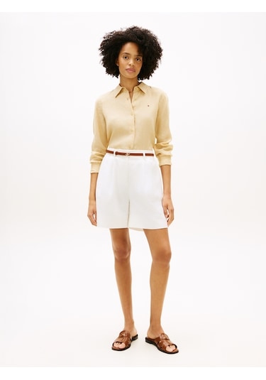 Tommy Hilfiger Ess Lınen Relaxed Shırt Kadın Bej Uk Gömlek - Ww0ww44679