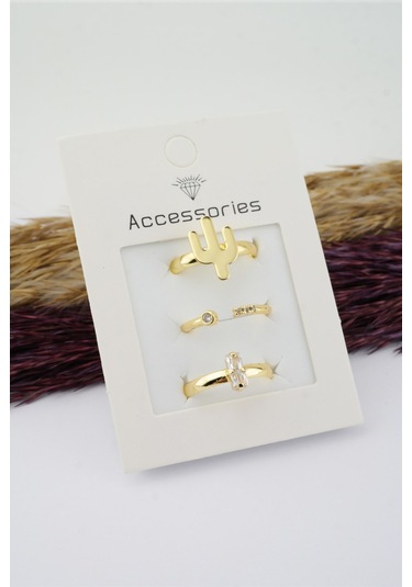 Kadın Özel Tasarım Ayarlanabilir Numarasız Zirkon Taşlı Kaktüs Figürlü 3'lü Kombin Yüzük Seti - Tek Ebat Altın