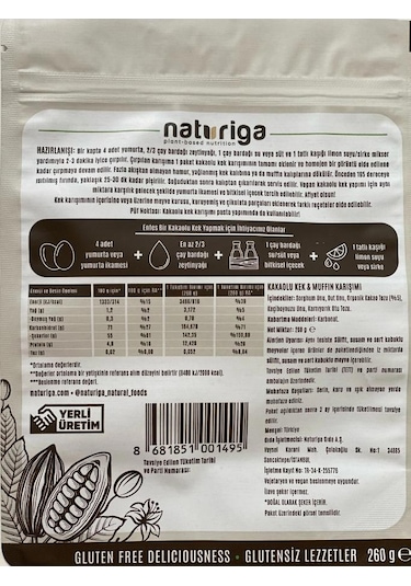 Naturiga Glutensiz Kakaolu Kek Karışımı 260 G