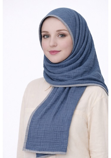 Mim Eşarp Biyeli Müslin Düz Renk Şal 90x190cm İndigo