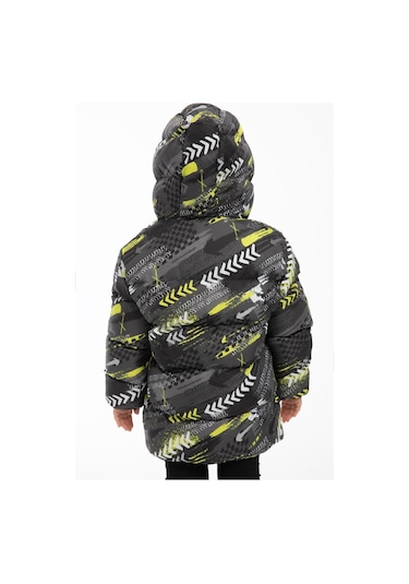 Kız Çocuk Sarı Siyah Dijital Desen Içi Polar Su Ve Rüzgar Geçirmez Kapüşonlu Şişme Kışlık Mont Sarı - Siyah