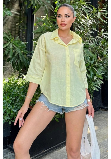 Kadın Sarı Truvakar Kol, Oval Kesim, Terletmez, Flamlı Keten Salaş Gömlek Sarı