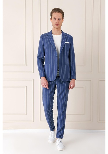 Comfort Fit Çift Yırtmaç İtalyan Çizgili Keten Casual İndigo Ceket C 671 Indıgo
