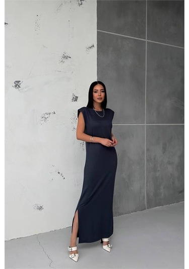 Neşeli Butik Kadın Vatkalı Yırtmaç Detaylı Modal Elbise Nbg010 Antrasit