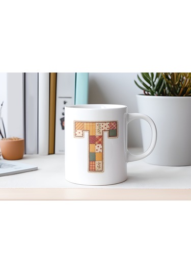T Harfi Sonbahar Kış Temalı Yamalı Tasarım Kupa Bardak - Etnik Ve Pathwork Severlere Özel Hediye Beyaz