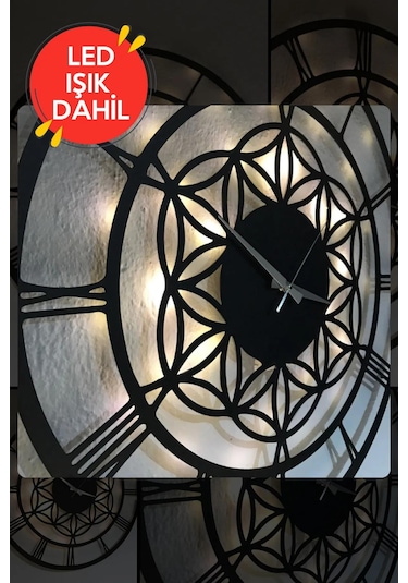 Led Işıklı Çiçek Duvar Saati Sessiz Dekoratif Modern Siyah Ahşap Siyah