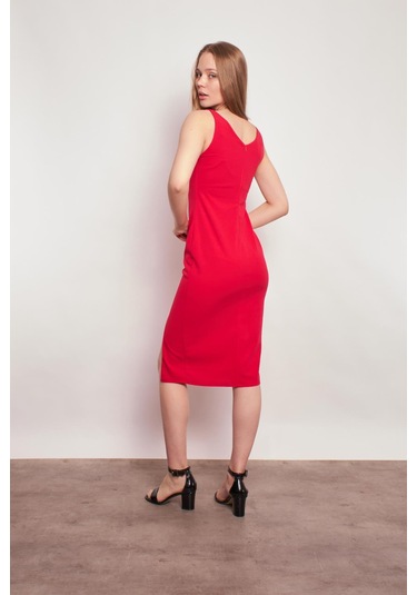 Likralı Krep Kumaş Ön Arka V Yaka Kolsuz Önden Yırtmaçlı Diz Altı Elbise-fujya Fujya