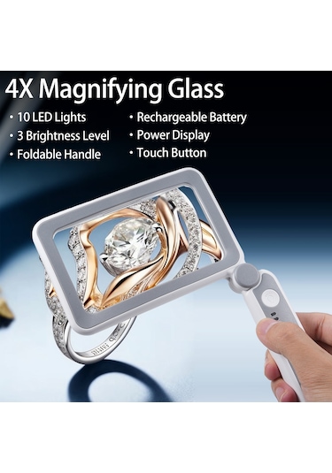 Yunboo Usb Şarjlı 4x Büyütme, 10 Led Beyaz Işık, 3 Seviye Işık, Pil Göstergeli Dokunmatik Kapatma Katlanabilir El Tipi Büyütec Gri-beyaz Çok Renkli
