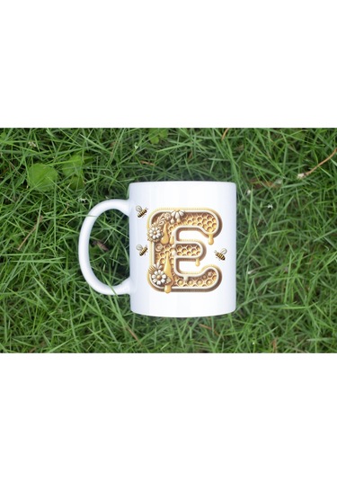 E Harfi Bal Arısı Tasarım Kupa Bardak - Bal Ve Petek Desenli Kişiye Özel Kahve Kupası - Hediyelik Beyaz