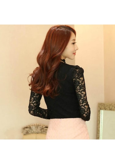 Siyah Dantel Beyaz Gömlek Vintage Stand Yaka Kadın Bluz Uzun Kollu Kadın Gömlek Düz Renk Gömlek Büyük Boy Kadın Elbise