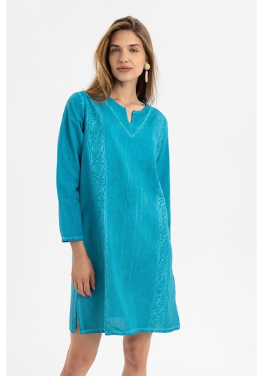 Turkuaz İşlemeli Uzun Kollu Astarsız Pamuklu Kısa Elbise-turkuaz Turkuaz