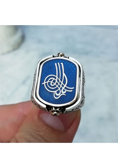 Fkgümüş Osmanlı Tuğrası İşlemeli Siyah Taşlı Çift Taraflı Erkek Yüzük