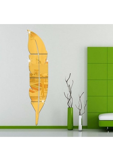 Opulentliving Altın Renkli Büyük Boy Tüy Duvar Çıkartması - Parlak Ayna Yüzeyli Küçük: 73x18cm / Büyük: 120x30cm