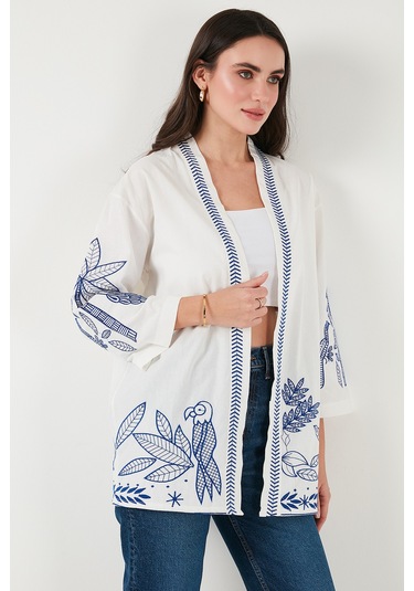 Lela Nakış Işlemeli Pamuklu Oversize Fit Truvakar Kol Bayan Kimono 676302 Ekru