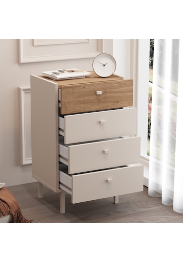 Robinhome Rhode Şifonyer 4 Çekmeceli Ahşap Ayaklı Kumsal-sepet Bej