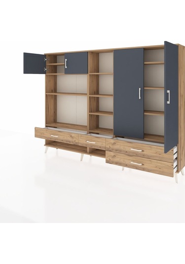 Arges Dolap 12 Raflı 4 Çekmeceli 4 Kapaklı 220x30x163 Çam-antrasi Çam-antrasit/çam