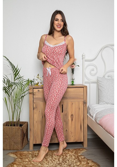 Kadın Pembe Renkli Dantel Detaylı Şortlu Ve Taytlı Pijama Takımı 3'lü Set 75012 Pembe