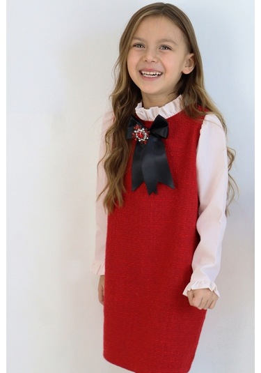 Kız Çocuk Kırmızıı Vanessa Broş Detaylı Tüvit Uzun Kollu Yılbaşı Elbisesi