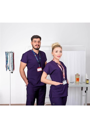 Likralı Cerrahi Forma Unisex Hemşire Doktor Sağlıkçı Forması Scrubs Üniforma Mor