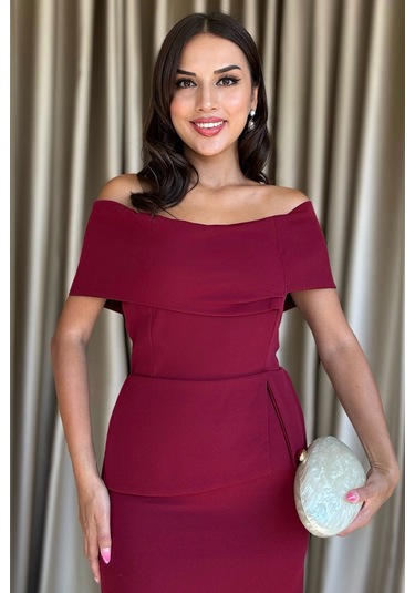 Vivenza Gül Detaylı Omuz Açık Kayık Yaka Uzun Bordo Abiye Elbise, Nişan Ve Düğün Zarafeti Bordo