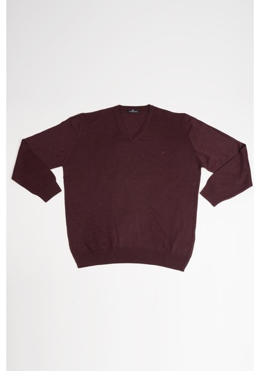 Woolen World V Yaka Battal Büyük Boy Yünlü Triko Kazak Bordo