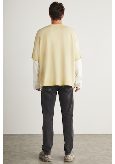 Deny Erkek Uzun Kol Detaylı Oversize Fit Bol Kesim Bisiklet Yaka %100 Organik Pamuk Açık Bej T-shirt