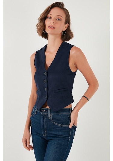 Lela Fitted Scuba Süet V Yaka Düğmeli Bayan Yelek 5865576 Lacivert