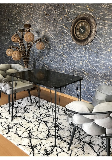 Yirmi15 Siyah Metal Ayaklı 60x90 Siyah Mermer Desen Mutfak - Balkon - Çalışma Masası